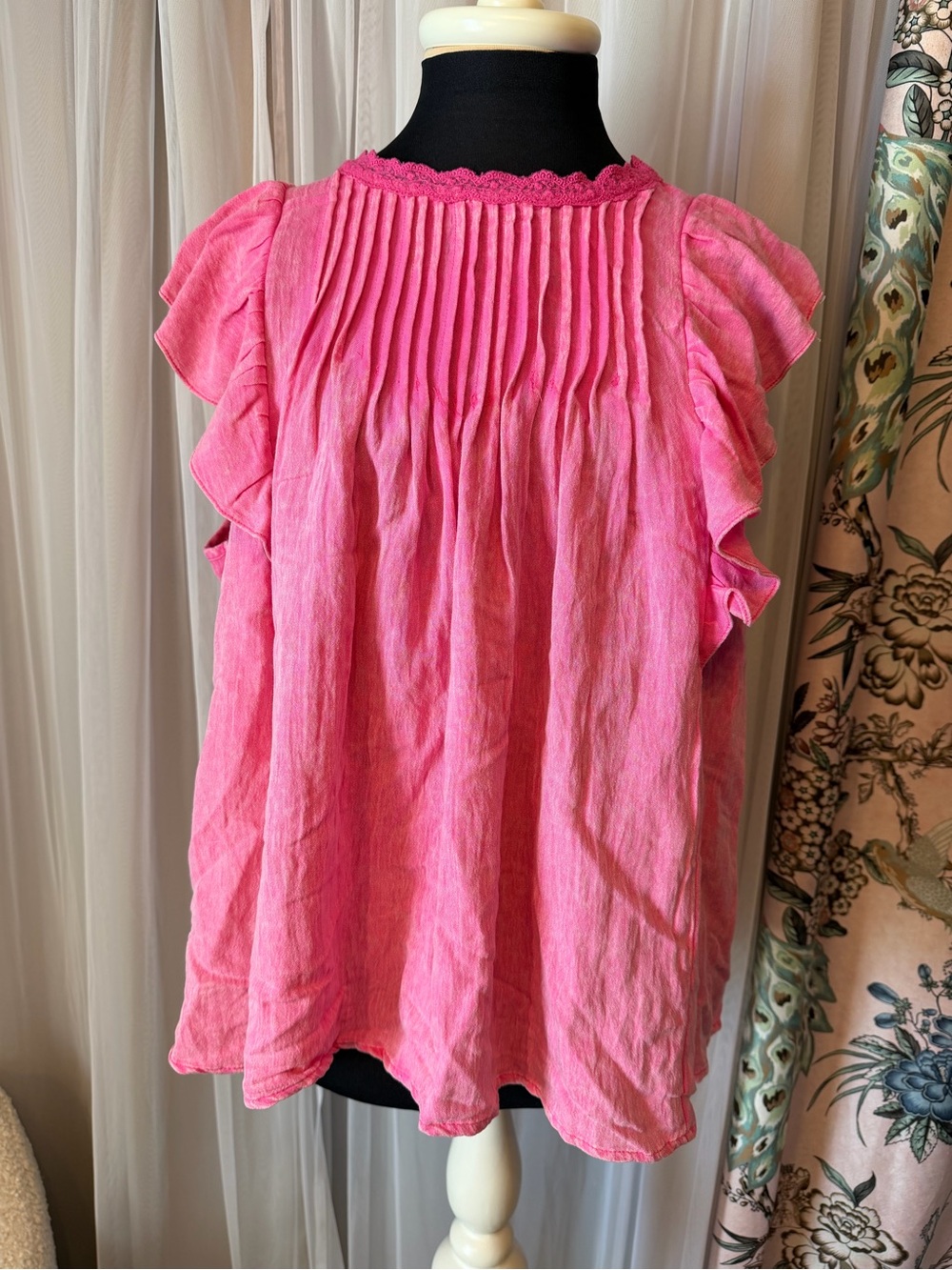 Umgee USA Pink Linen Blend Ruffle Lace Boho Blouse Top L